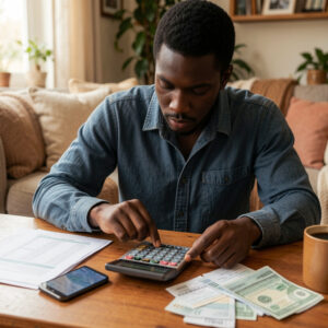 A person calculating his monthly income 